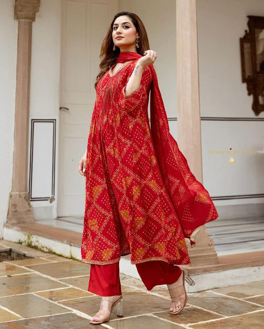 Maabetii Red Cotton Embroidery and Bandhani Suit Set