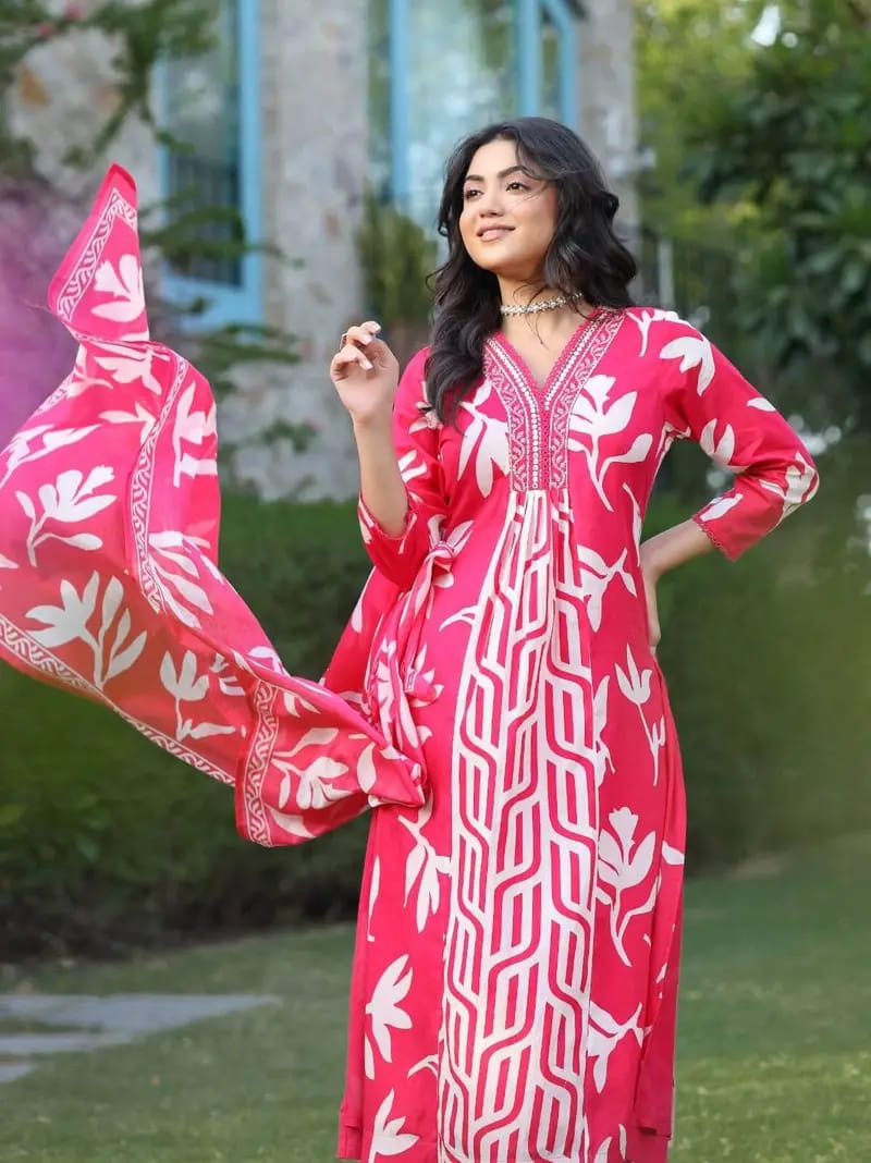 Maabetii Red Cotton Embroidery Work Anarkali Suit Set