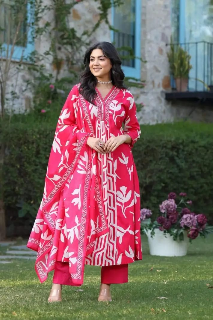 Maabetii Red Cotton Embroidery Work Anarkali Suit Set