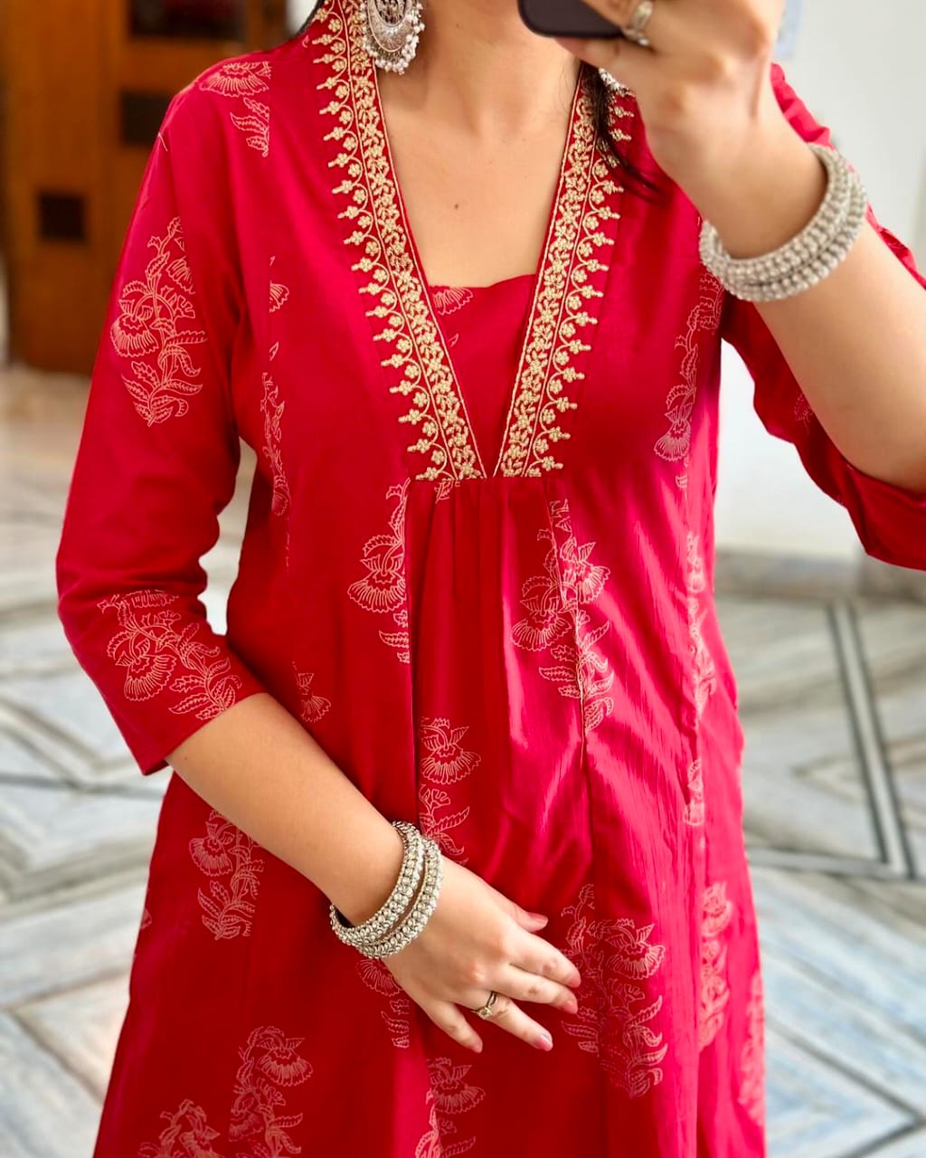 Maabetii Red Cotton Embroidery Work Suit Set-FESTIVE WEAR