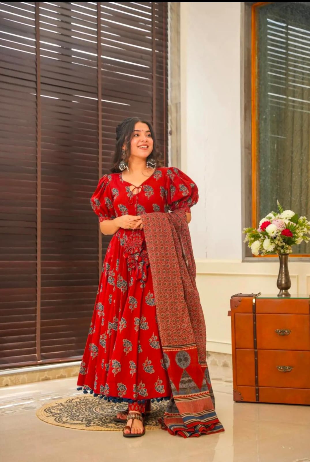 Maabetii Red Cotton Flower Print and Tussle Work Anarkali Suit Set