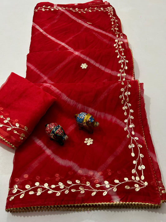 Maabetii Red Pure Organza Gota Patti Hand Work Saree