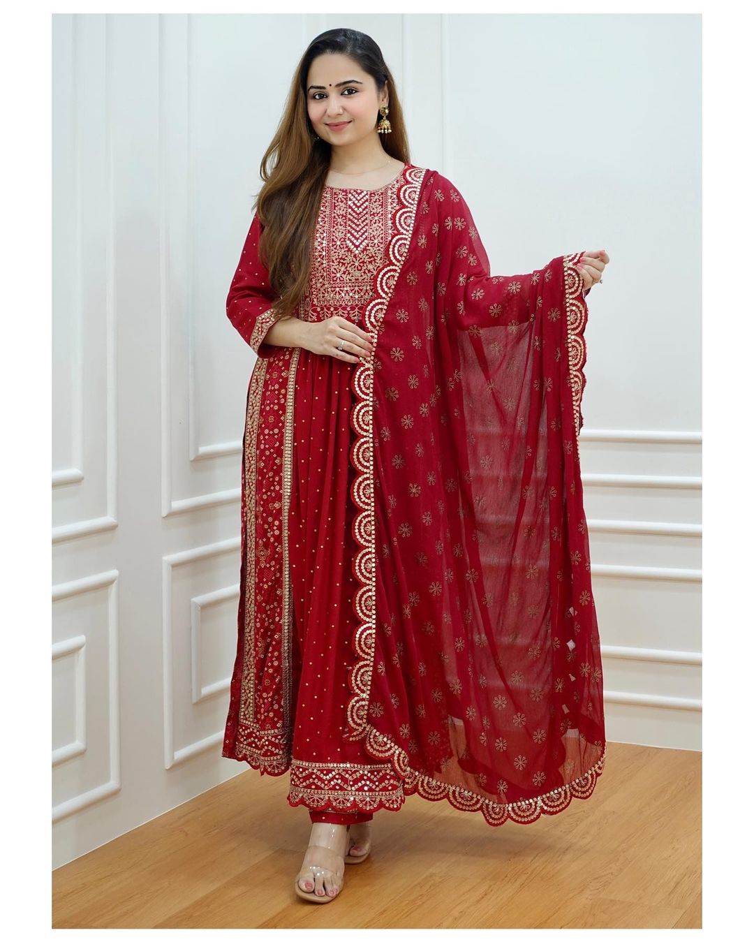 Maabetii Red Rayon Embroidery and Sequence Naira Cut Suit Set