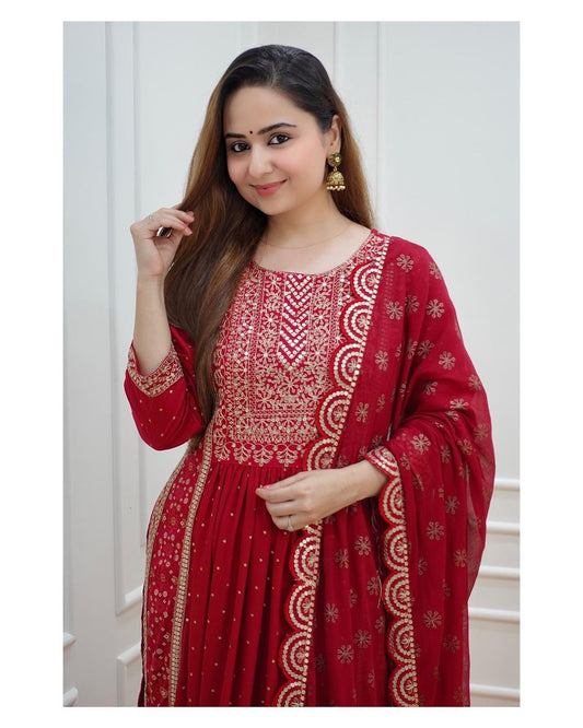 Maabetii Red Rayon Embroidery and Sequence Naira Cut Suit Set