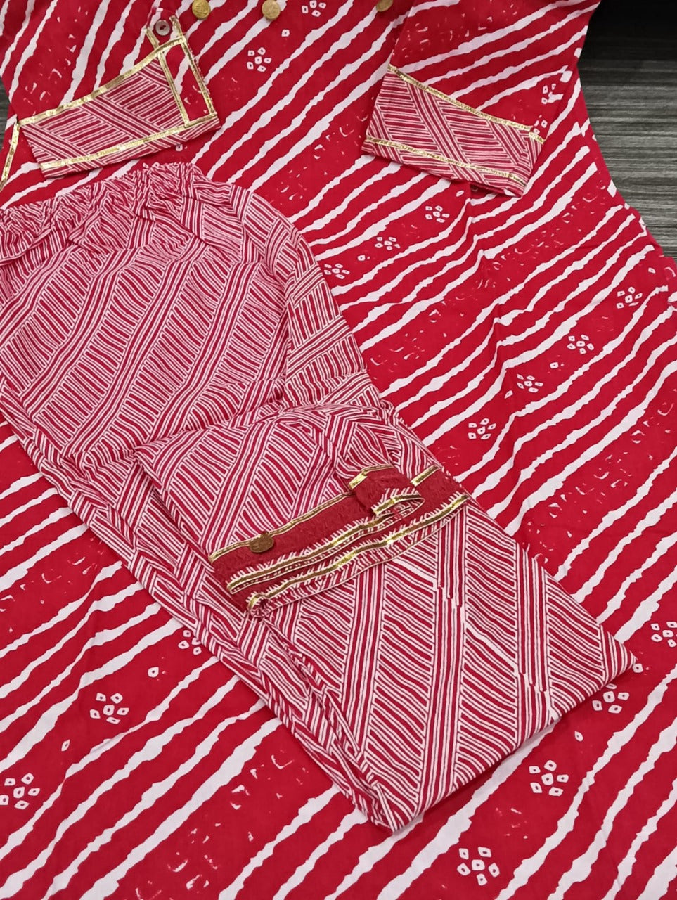 MaaBetii Red Rayon Collar Neck Lehriya Afghani Style Kurta Pant Set