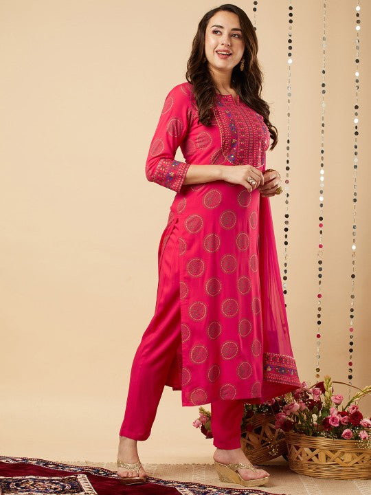 Maabetii Red Rayon Moti and Gota Patti Suit Set