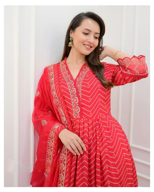 Maabetii Red Rayon Sequence and Embroidery Naira Cut Suit Set