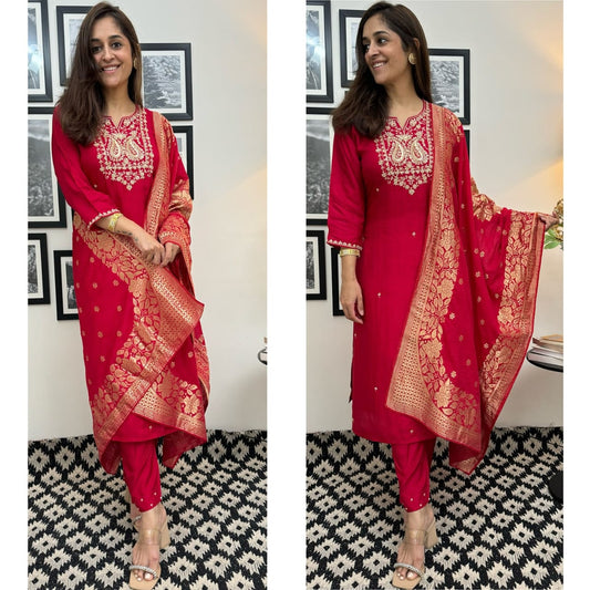 Maabetii Red Roman Silk Zari Work Kurti & Pant with Jacqurd Duppatta