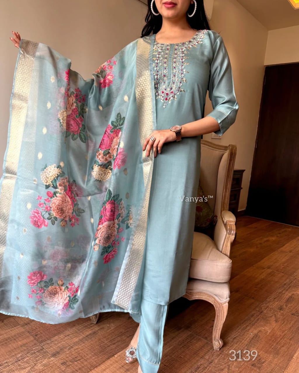 Maabetii Sky Blue Rayon Embroidery Suit Set