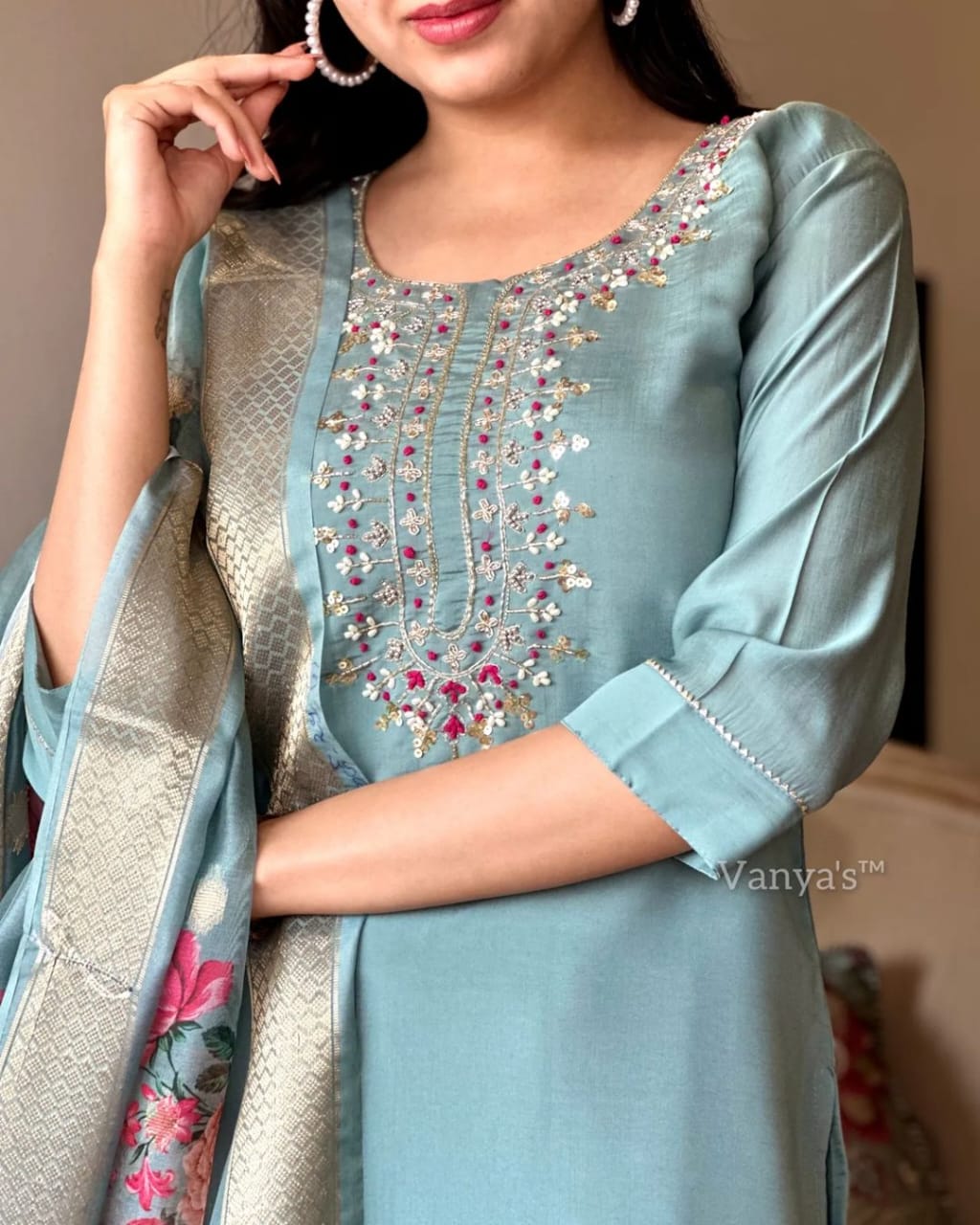 Maabetii Sky Blue Rayon Embroidery Suit Set