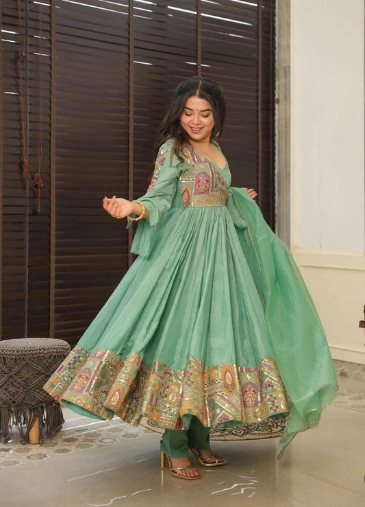 Maabetii Turquoise Chinon Heavy Embroidery Angrakha Anarkali Suit Set