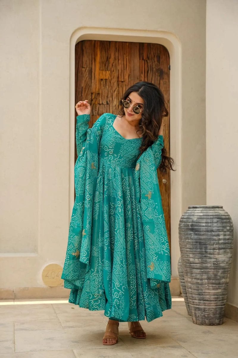 Maabetii Turquoise Cotton Bandhani Print Anarkali Suit Set