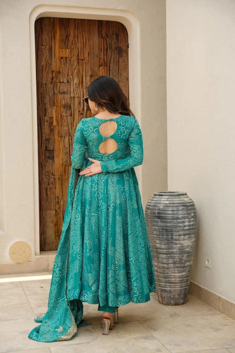 Maabetii Turquoise Cotton Bandhani Print Anarkali Suit Set