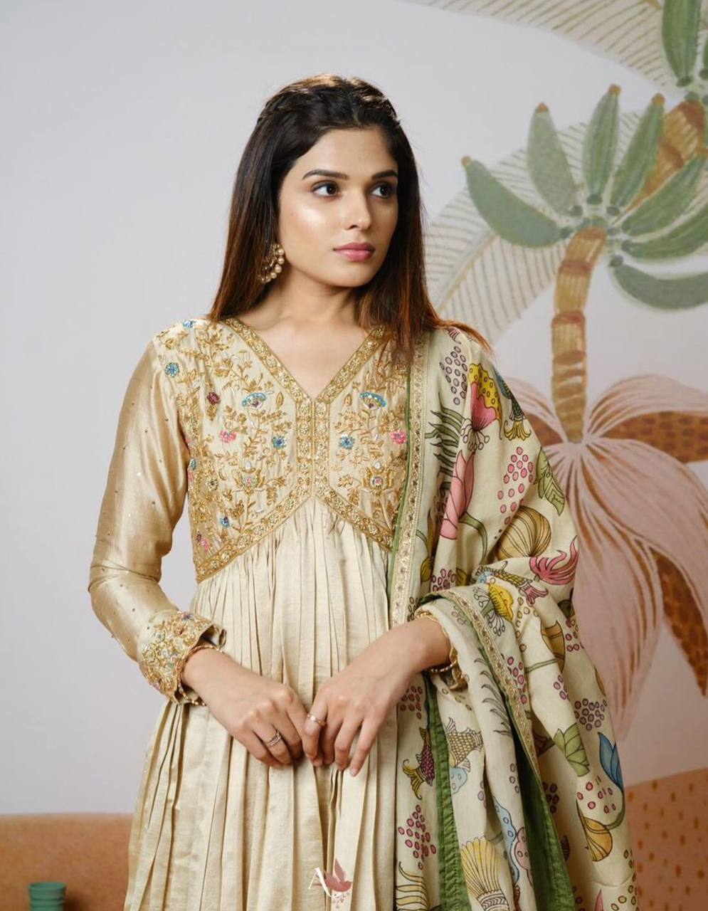 Maabetii White Chinon Embroidery Gown with Kalamkari Print Duppatta