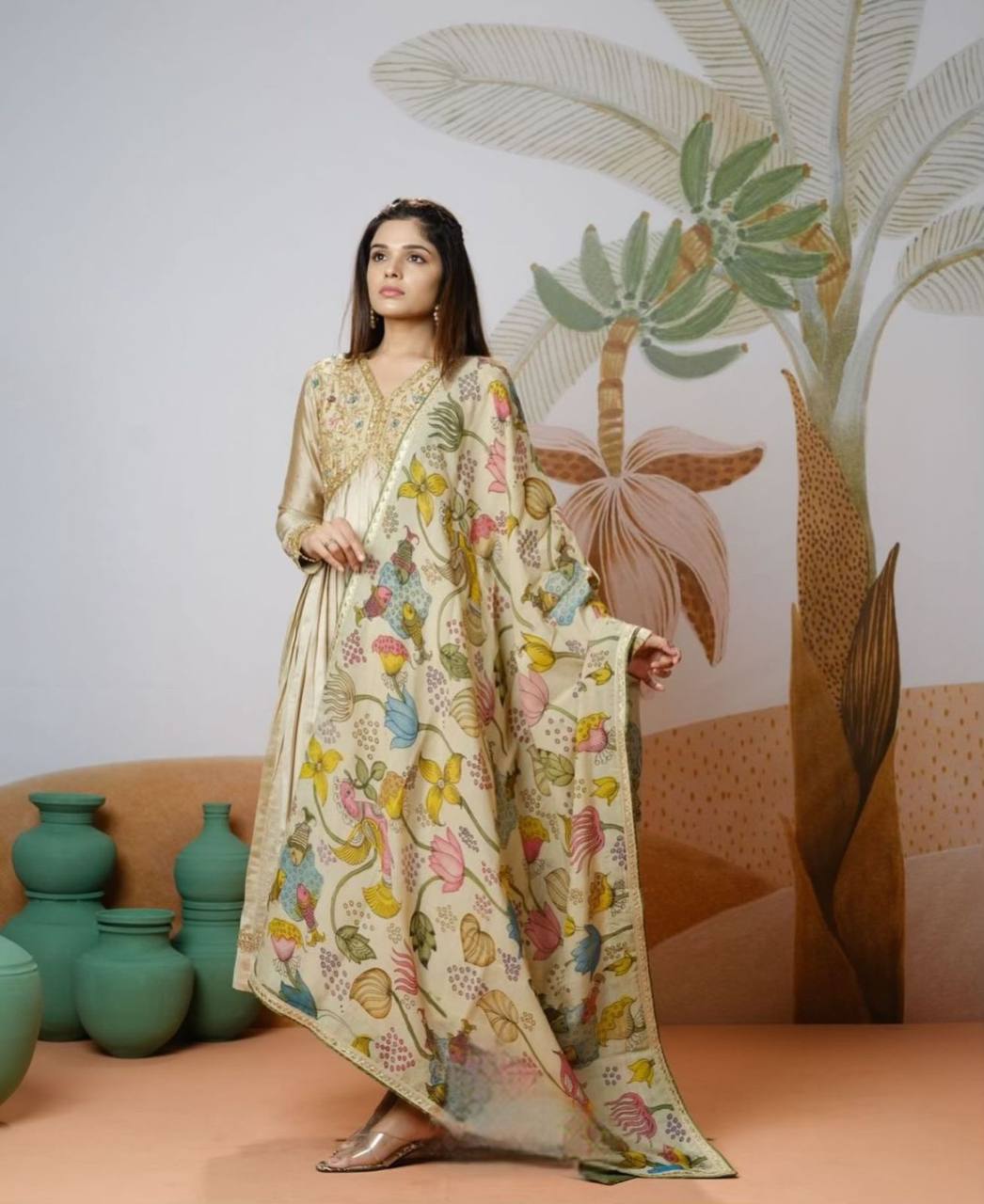 Maabetii White Chinon Embroidery Gown with Kalamkari Print Duppatta