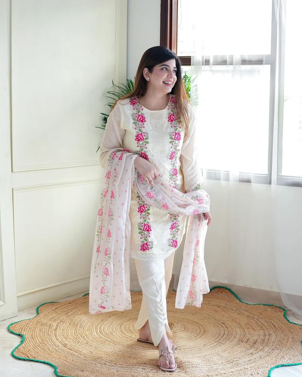 Maabetii White Cotton Embroidery and Crochet Lace Work Suit Set