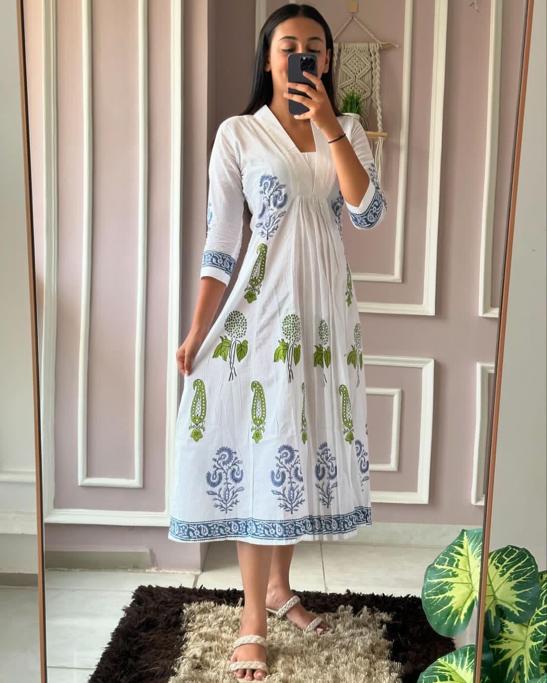 Maabetii White Cotton Floral Print Mid Length Kurti Look Women Dress