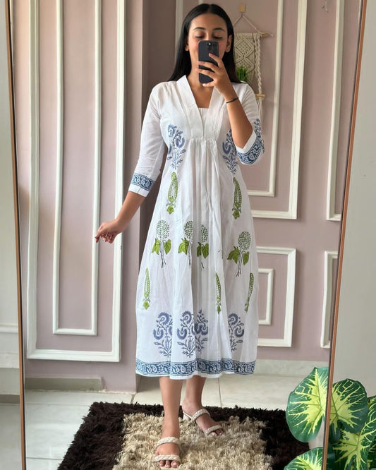 Maabetii White Cotton Floral Print Mid Length Kurti Look Women Dress