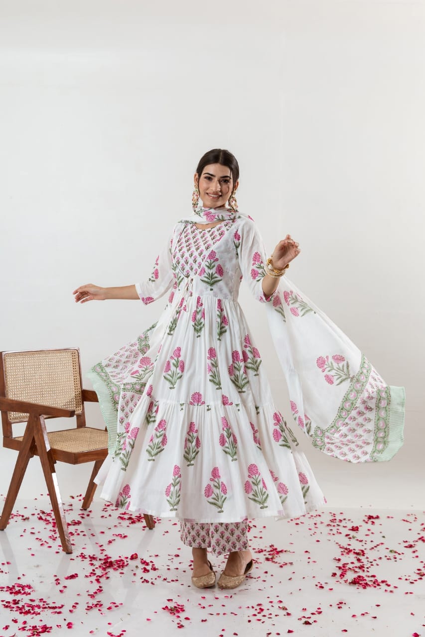 Maabetii White Cotton Printed Anarkali Suit Set-FESTIVE WEAR