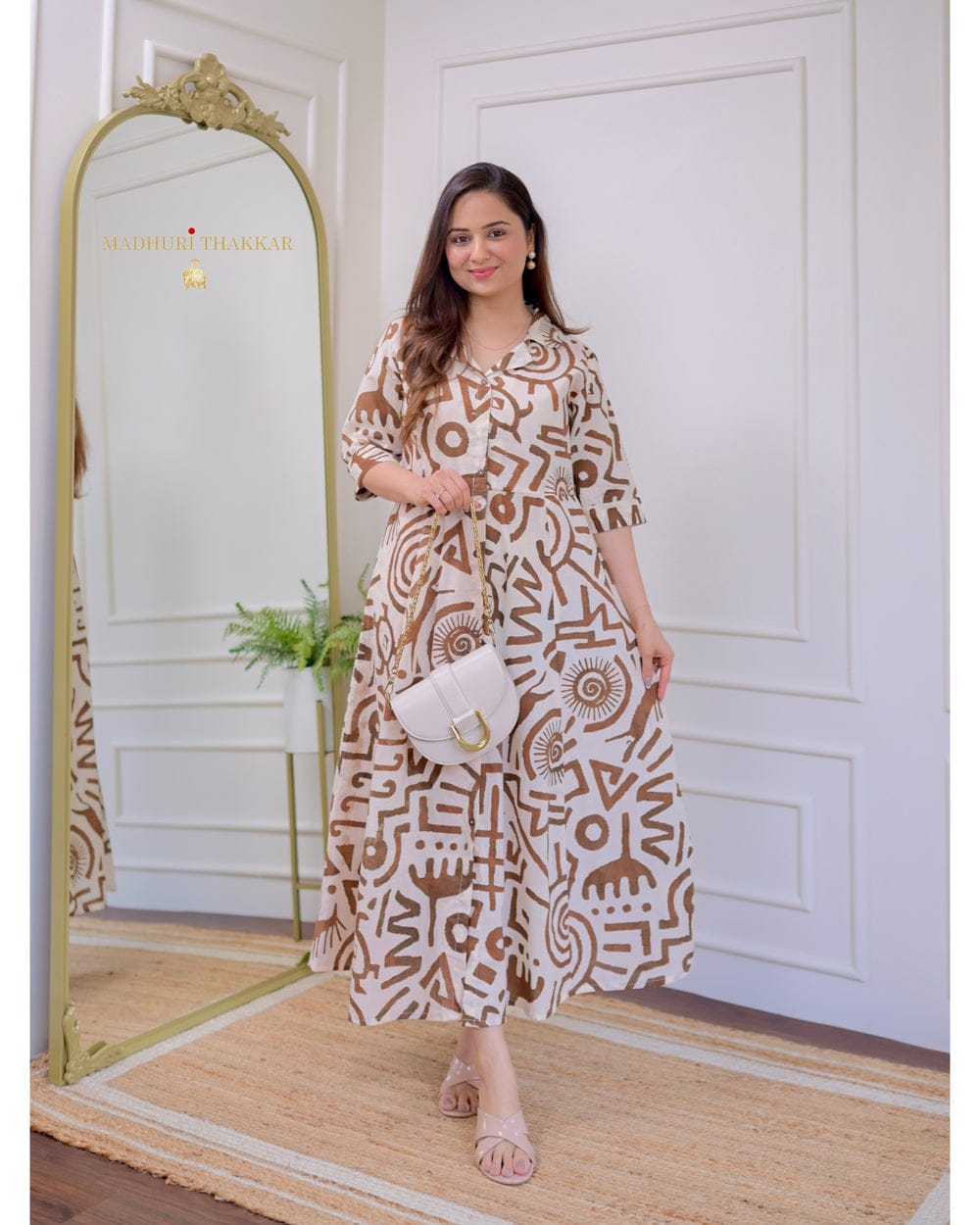 Maabetii White Cotton Printed Midi Dress Gown - OFFICE WEAR