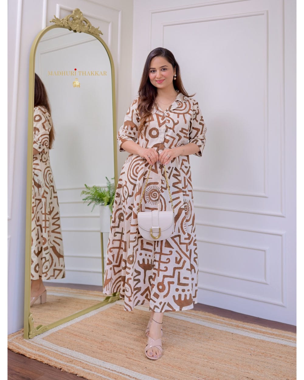 Maabetii White Cotton Printed Midi Dress Gown - OFFICE WEAR