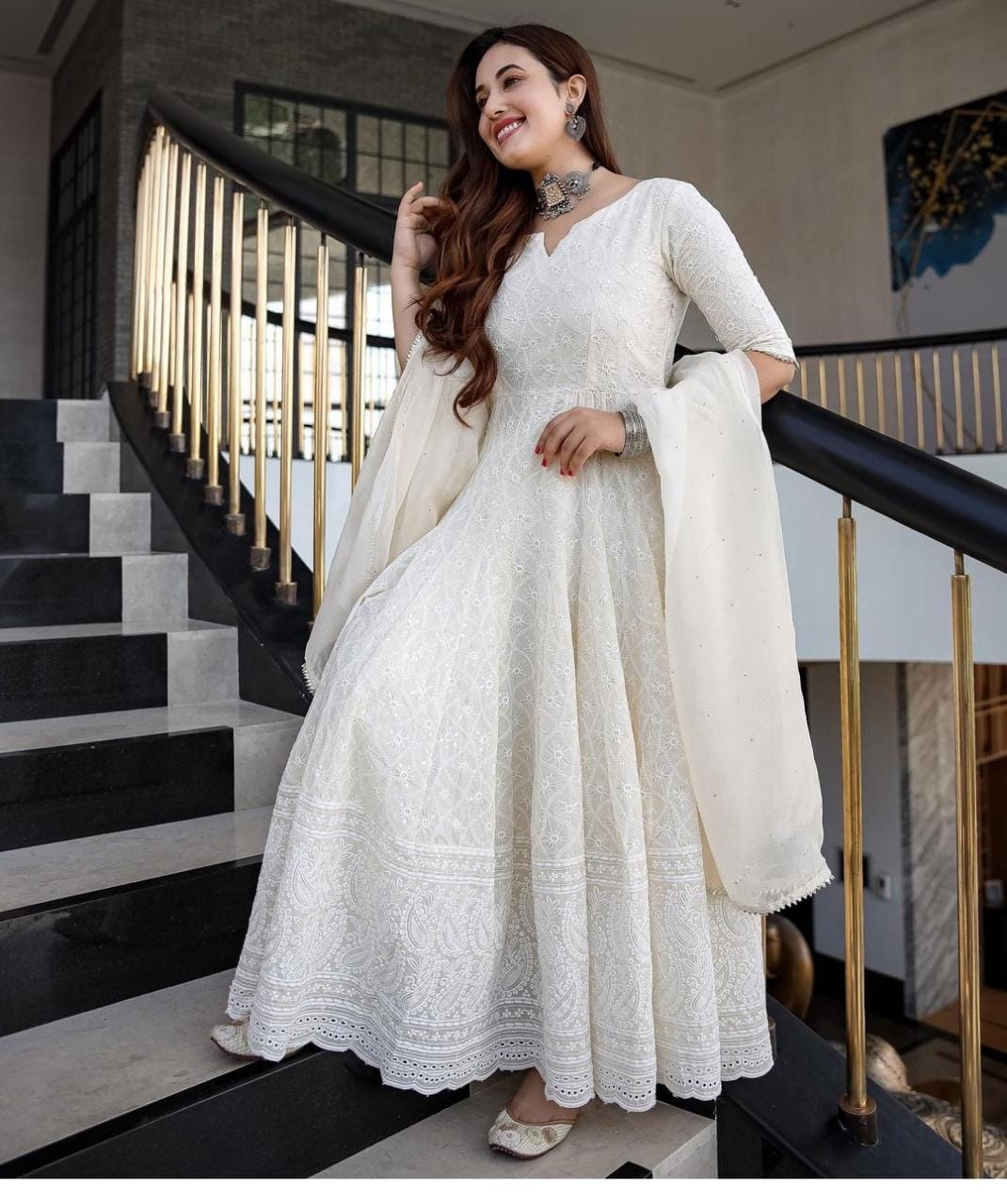 Maabetii White Cotton Sequence Work Anarkali Kurta with Duppatta