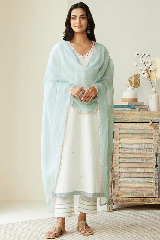 Maabetii White Gulbarg Rumaisa Embroider Cotton Straight Suit Set