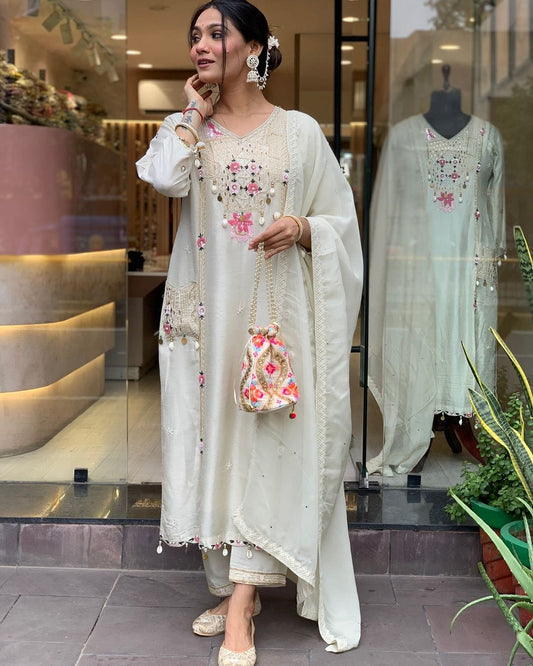 Maabetii White Rayon Heavy Embroidery Suit Set