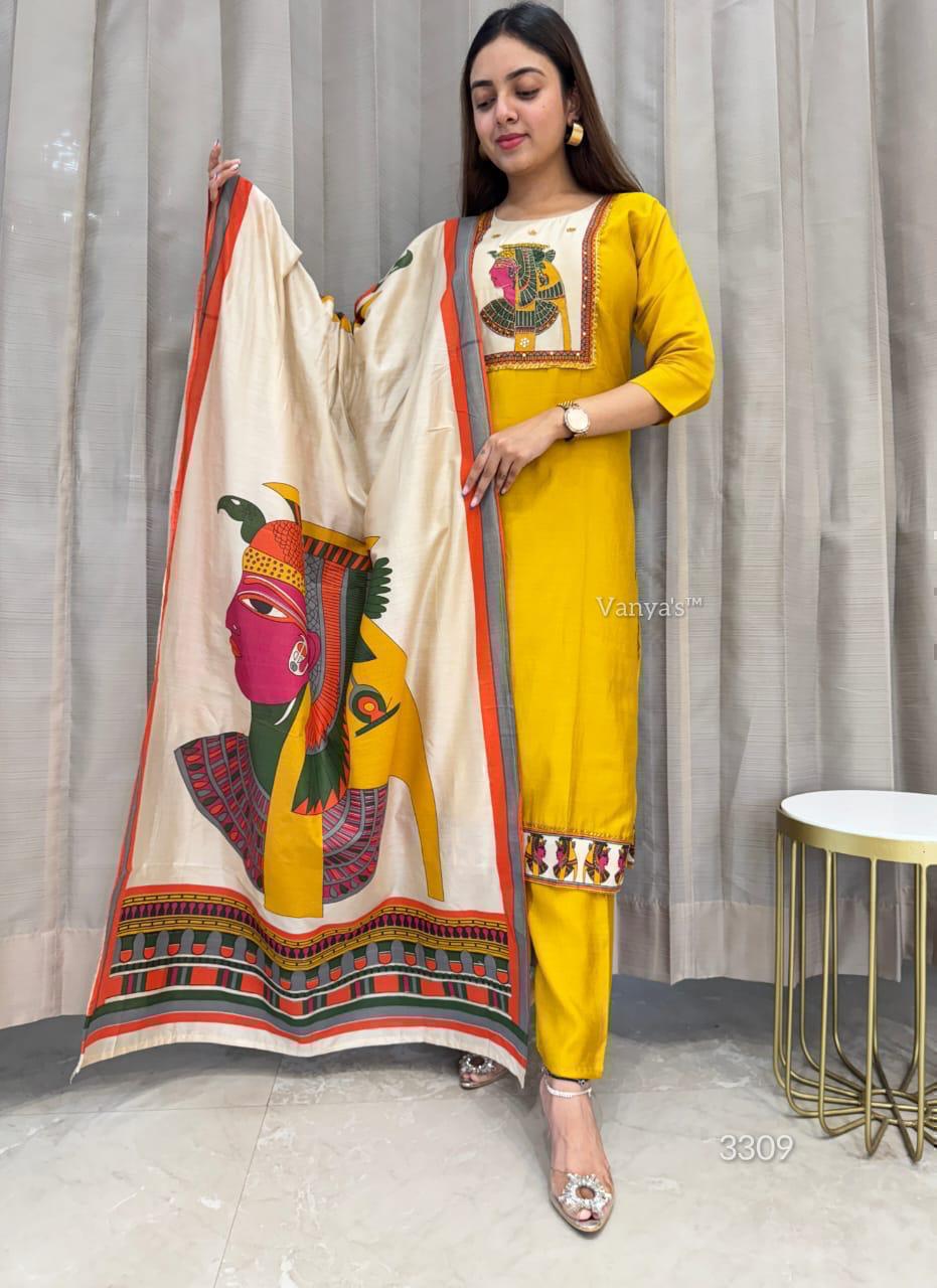 Yellow Chinon digital print straight-fit suit set with matching pants and dupatta, perfect for festive wear.