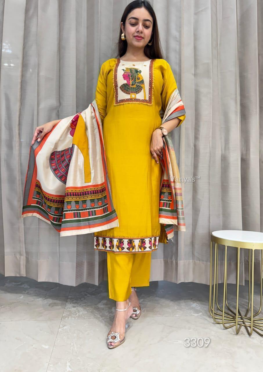 Elegant yellow Chinon straight-fit suit featuring intricate digital prints, designed for a refined ethnic look.