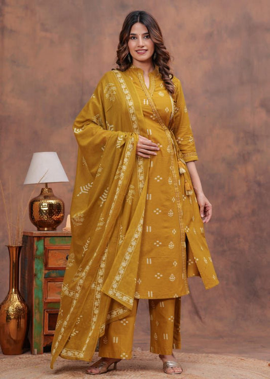 Maabetii Yellow Cotton Angrakha Printed A-Line Suit Set