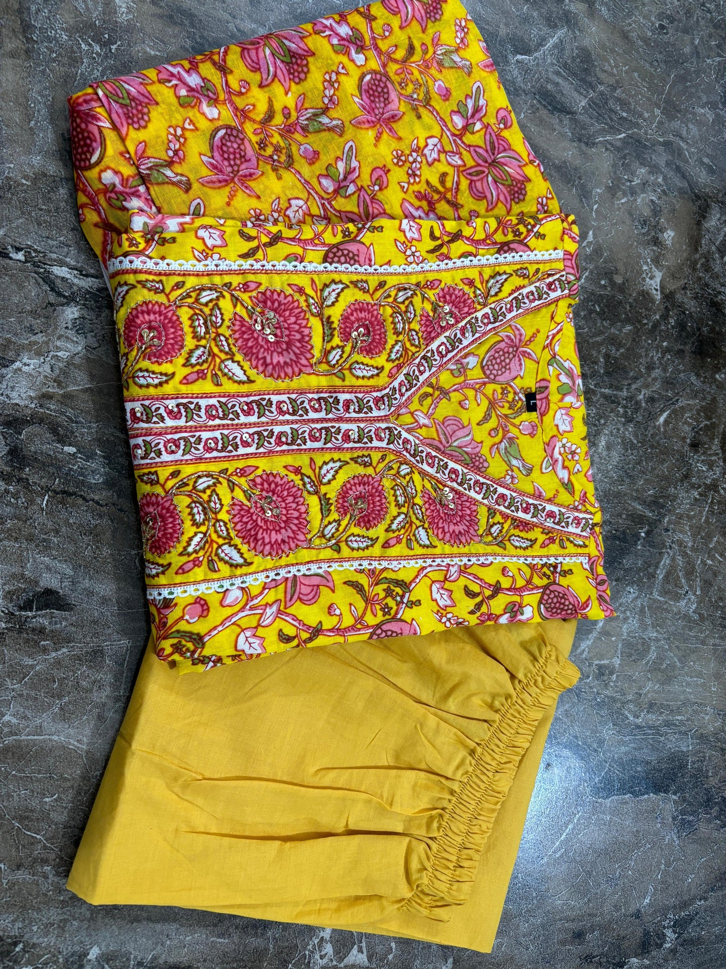 Maabetii Yellow Cotton Embroidery A line Suit Set