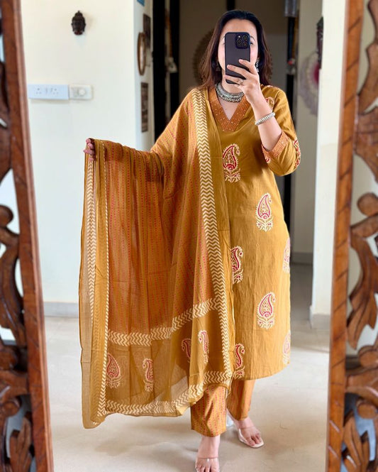 Maabetii Yellow Cotton Embroidery Suit Set - FESTIVE WEAR