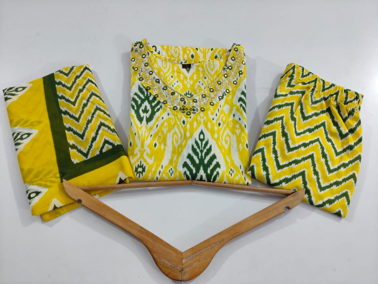 Maabetii Yellow Cotton Embroidery Work Straight Fit Suit Set