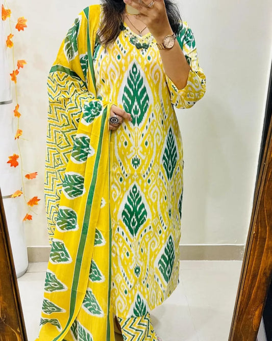 Maabetii Yellow Cotton Embroidery Work Straight Fit Suit Set