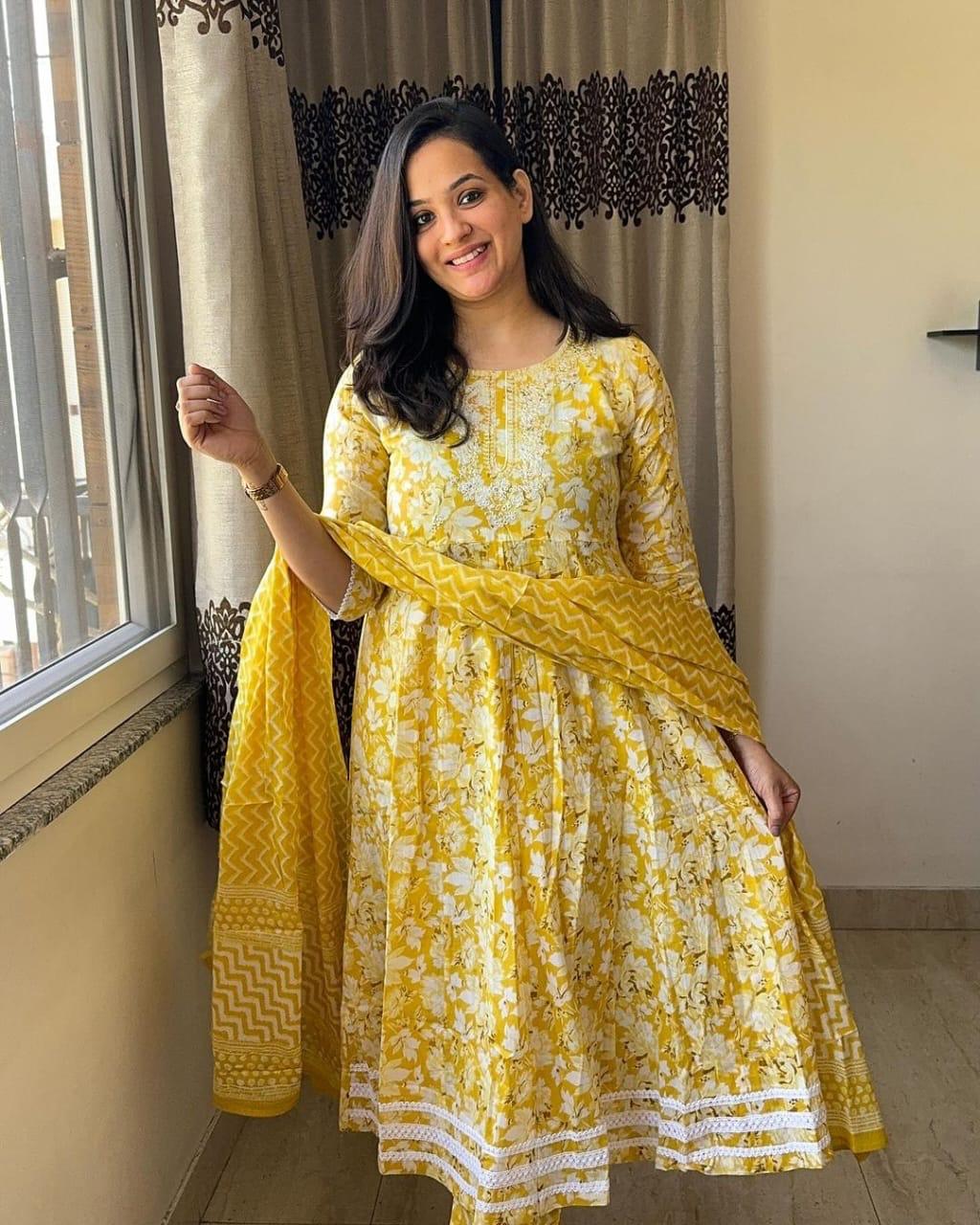 Maabetii Yellow Cotton Hand Block Printed Anarkali Suit Set