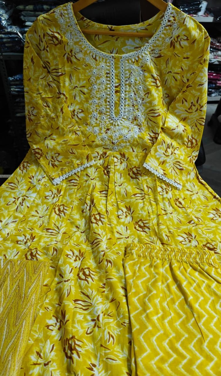 Maabetii Yellow Cotton Hand Block Printed Anarkali Suit Set