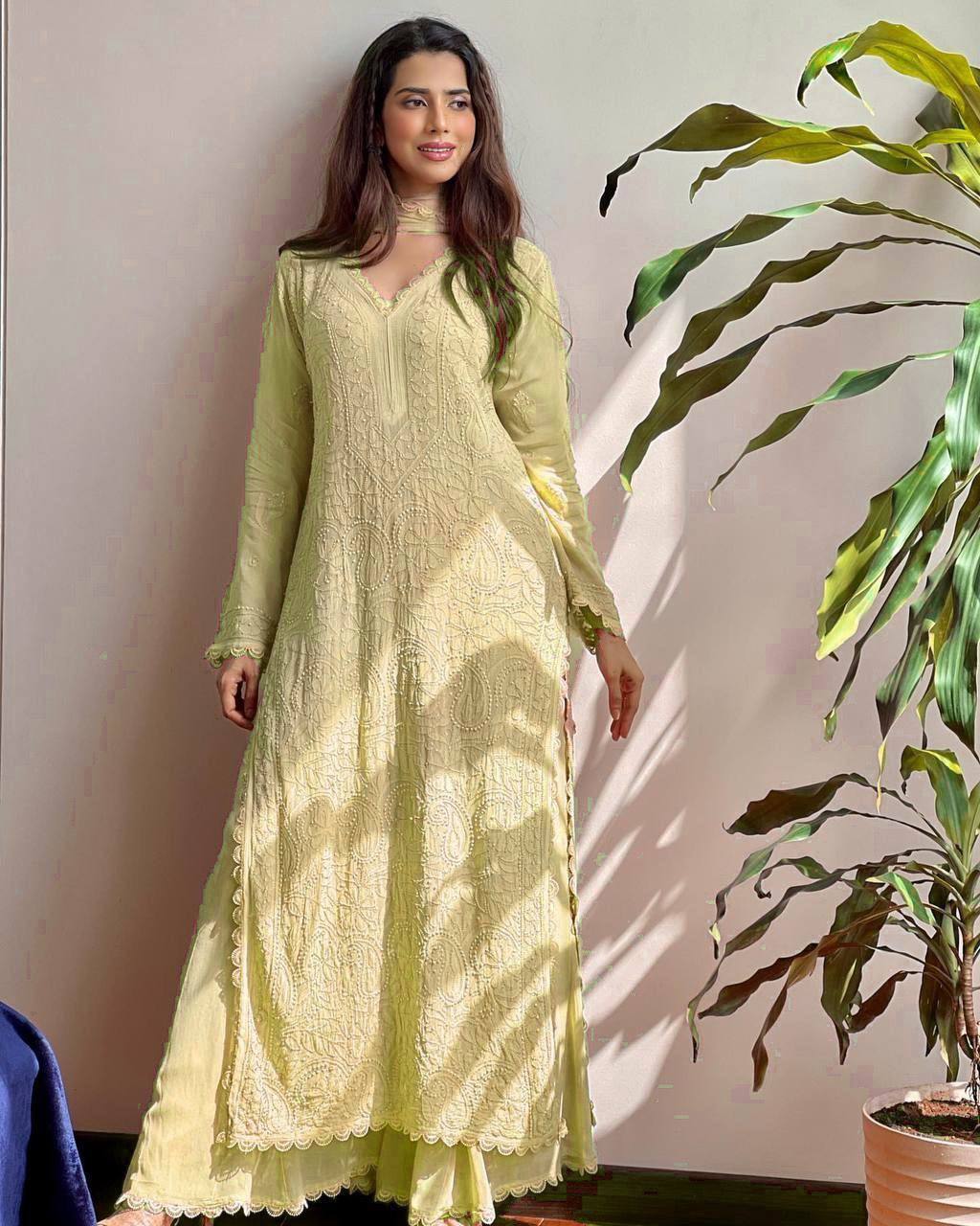 Maabetii Yellow Mirror and Lace Handwork Georgette Straight Suit Set