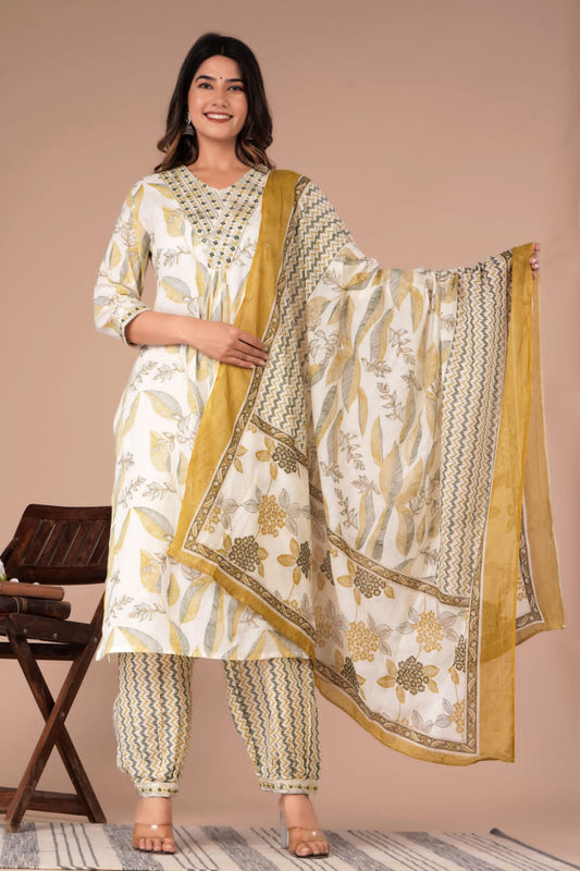 MaaBetii Yellow Hand Block Printed and Embroider Cotton Afghani Suit Set