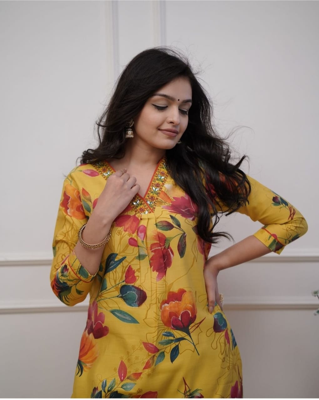 Maabetii Yellow Muslin Embroidery Floral Print Kurti and Pant