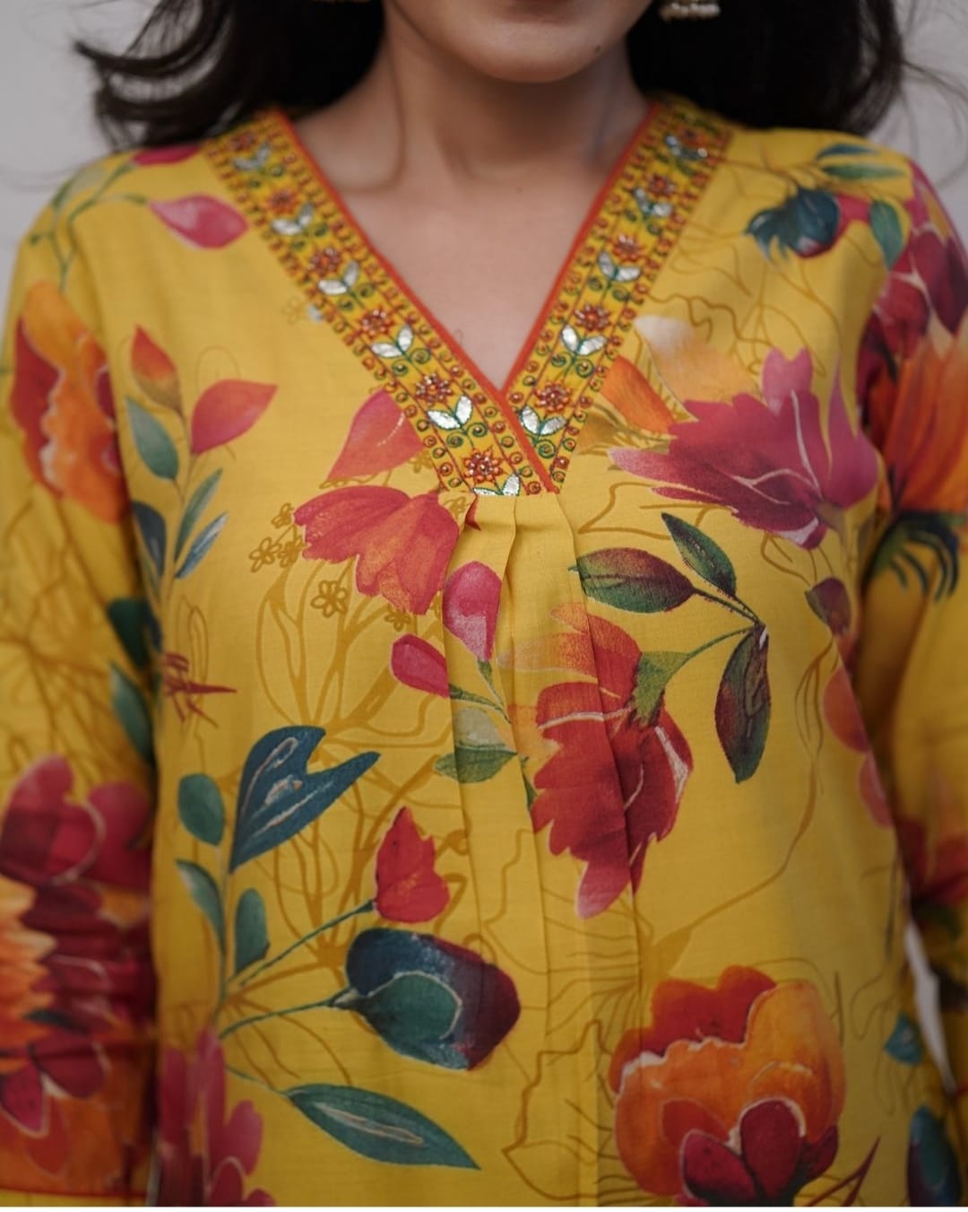 Maabetii Yellow Muslin Embroidery Floral Print Kurti and Pant