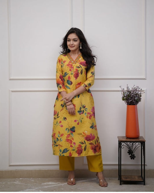 Maabetii Yellow Muslin Embroidery Floral Print Kurti and Pant