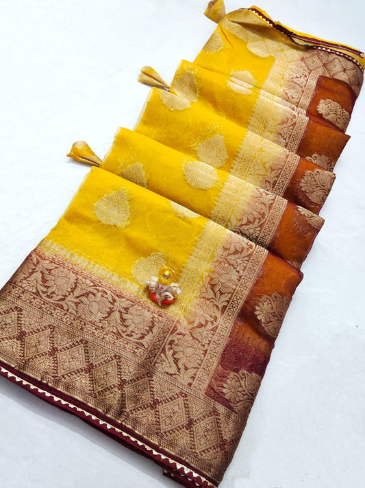 Maabetii Yellow Oraganza Saree with Zari Work