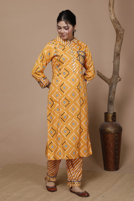 Maabetii Yellow Rayon Coin Work Kurti Pant Set