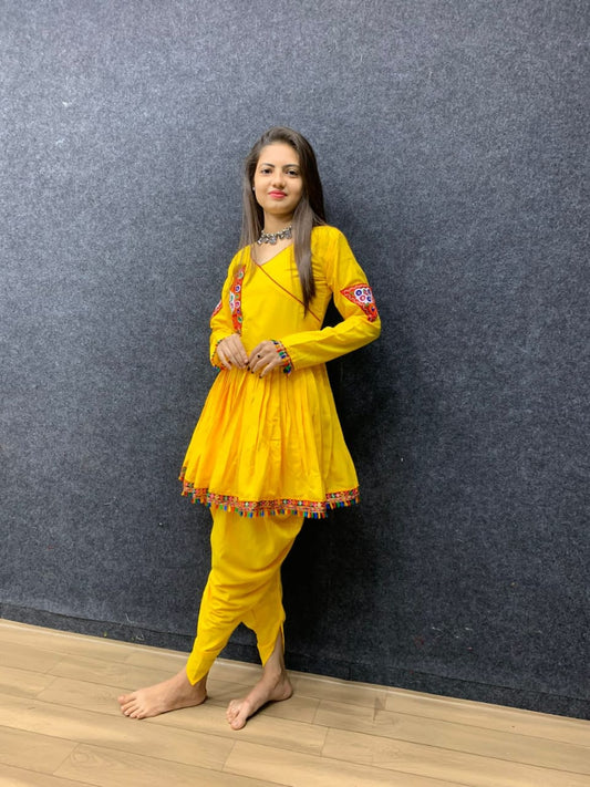 Maabetii Yellow Rayon Embroidery Angrakha Kurti with Dhoti