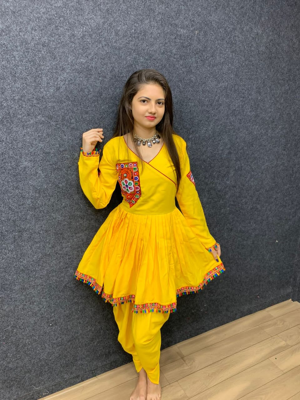 Maabetii Yellow Rayon Embroidery Angrakha Kurti with Dhoti