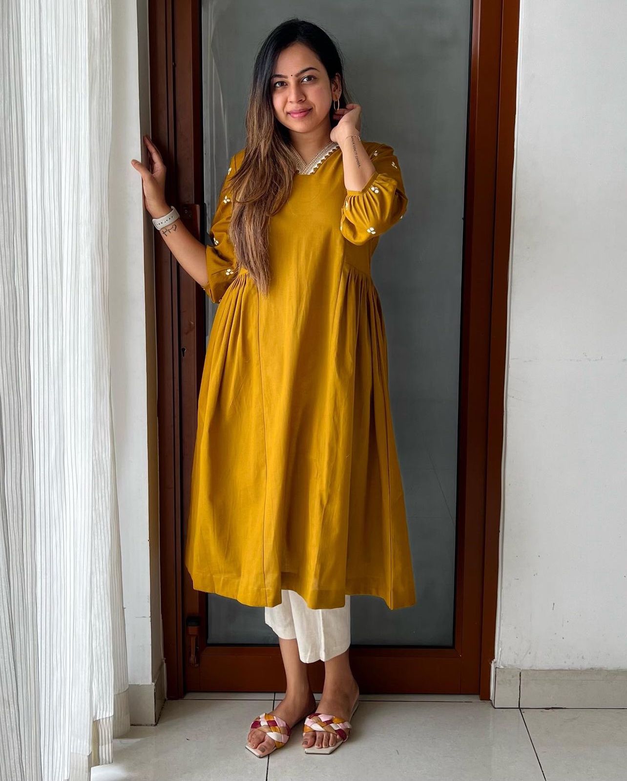 Maabetti Yellow Cotton Embroidery Anarkali Kurti with Pant