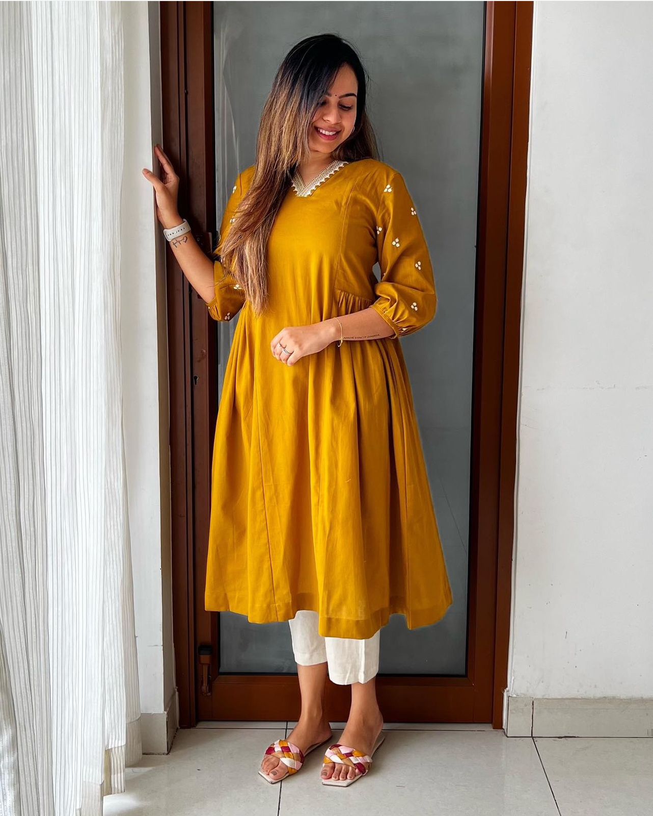 Maabetti Yellow Cotton Embroidery Anarkali Kurti with Pant