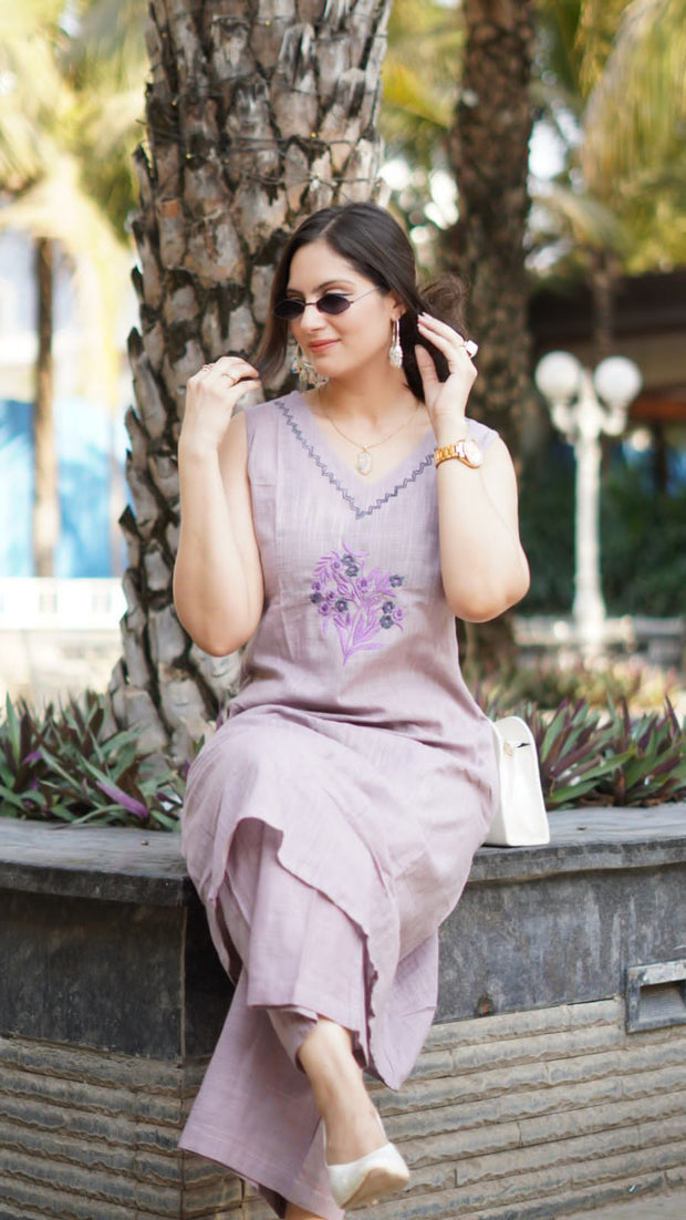 Embroidered cotton kurti plazo set with mega sleeves – front view

