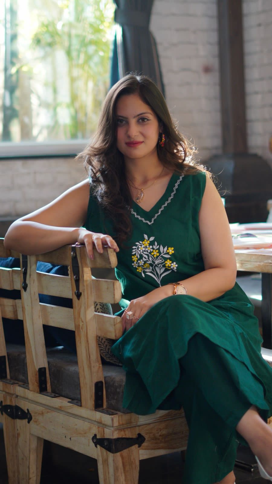 Embroidered cotton kurti plazo set with mega sleeves – front view

